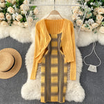 Load image into Gallery viewer, Solid Sweater Cardigan And Plaid Mini Camis Knit Dress Women&#39;s Knitted Two-piece Suit For Female
