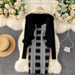 Load image into Gallery viewer, Solid Sweater Cardigan And Plaid Mini Camis Knit Dress Women&#39;s Knitted Two-piece Suit For Female

