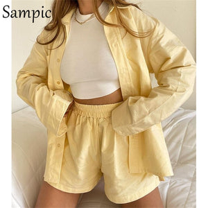 Sampic Loung Wear Tracksuit Women Shorts Set Stripe Long Sleeve Shirt Tops And Loose High Waisted Mini Shorts Two Piece Set