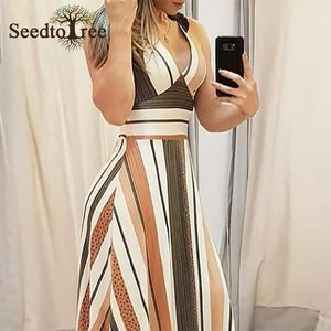 Striped Colorblock Plunge Maxi Elegant Dress