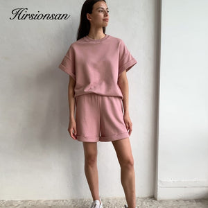 Women Casual Two Pieces Short Sleeve T Shirts and High Waist Short Pants Solid Outfits Tracksuit