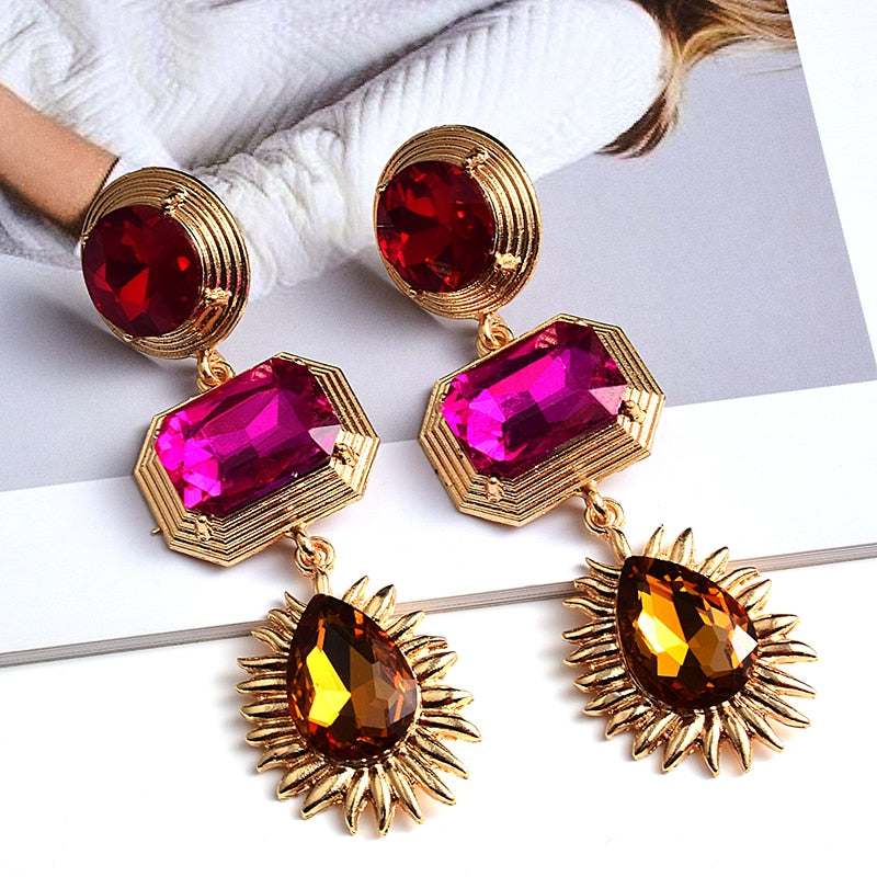 HGM Gold Metal Colorful Crystal Long Drop Earrings High-Quality Luxury Glass Rhinestone Jewelry Accessories For Women