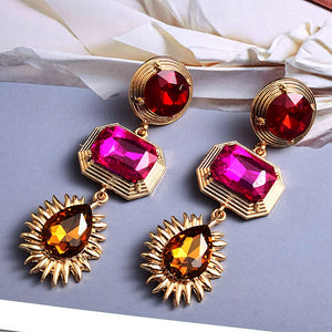 HGM Gold Metal Colorful Crystal Long Drop Earrings High-Quality Luxury Glass Rhinestone Jewelry Accessories For Women