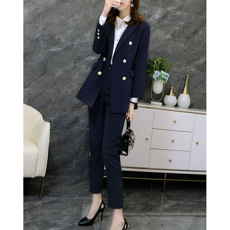 HGM  Pant Suits OL 2 Piece Sets Double Breasted Blazer Jacket & Trousers Suit For Women Set