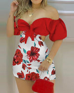 Load image into Gallery viewer, Fashion Floral Print Off Shoulder Knotted Puff Sleeve Skinny Shorts Skorts Fairy Casual One Piece Women Romper
