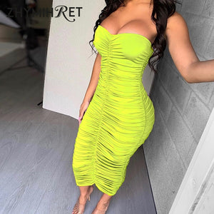 Neon Green Tube Dress Women Ruched Long Bandage Dress Sexy Strapless Bodycon Tie Dye Party Vestidos