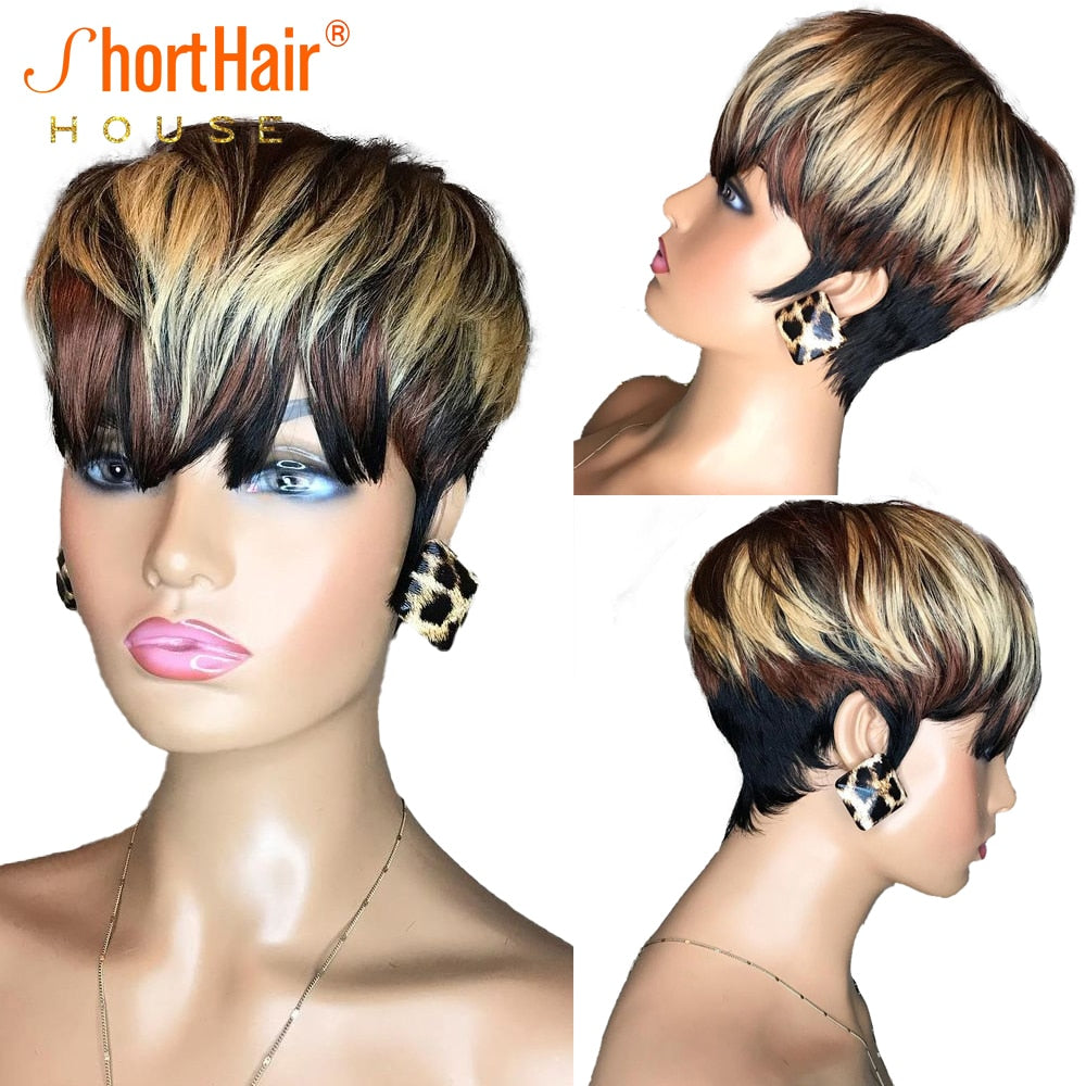 Short Cut Bob Human Hair Wigs with Natural Bangs for Black Women Brazilian Straight No Lace Wig Natural Wigs