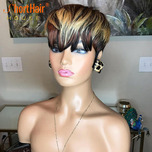 Short Cut Bob Human Hair Wigs with Natural Bangs for Black Women Brazilian Straight No Lace Wig Natural Wigs