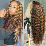 Load image into Gallery viewer, HGM Ombre Deep Wave Frontal Wig Honey Blonde Transparent Lace Wigs Curly Lace Front Human Hair Wigs T Part Highlight Deep Wave Wig
