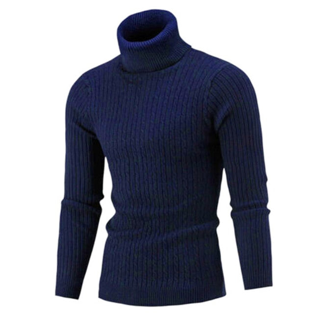Casual Men Winter Solid Color Turtle Neck Long Sleeve Twist Knitted Slim Sweater