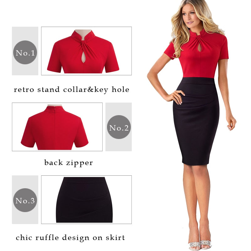 Vintage Contrast Color Patchwork Wear to Work Knot vestidos Bodycon Office Business Sheath Women Dress