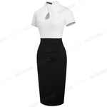Load image into Gallery viewer, Vintage Contrast Color Patchwork Wear to Work Knot vestidos Bodycon Office Business Sheath Women Dress
