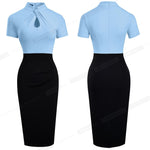 Load image into Gallery viewer, Vintage Contrast Color Patchwork Wear to Work Knot vestidos Bodycon Office Business Sheath Women Dress
