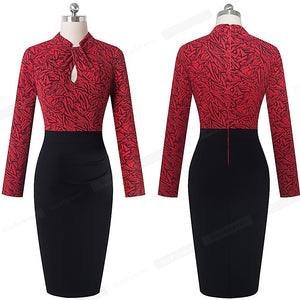 Vintage Contrast Color Patchwork Wear to Work Knot vestidos Bodycon Office Business Sheath Women Dress