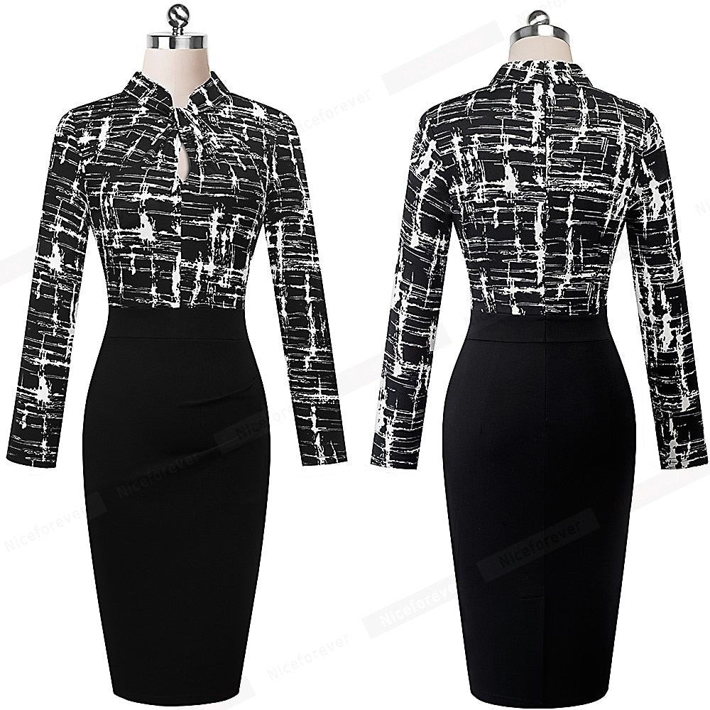 Vintage Contrast Color Patchwork Wear to Work Knot vestidos Bodycon Office Business Sheath Women Dress