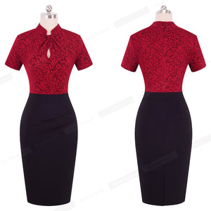 Vintage Contrast Color Patchwork Wear to Work Knot vestidos Bodycon Office Business Sheath Women Dress