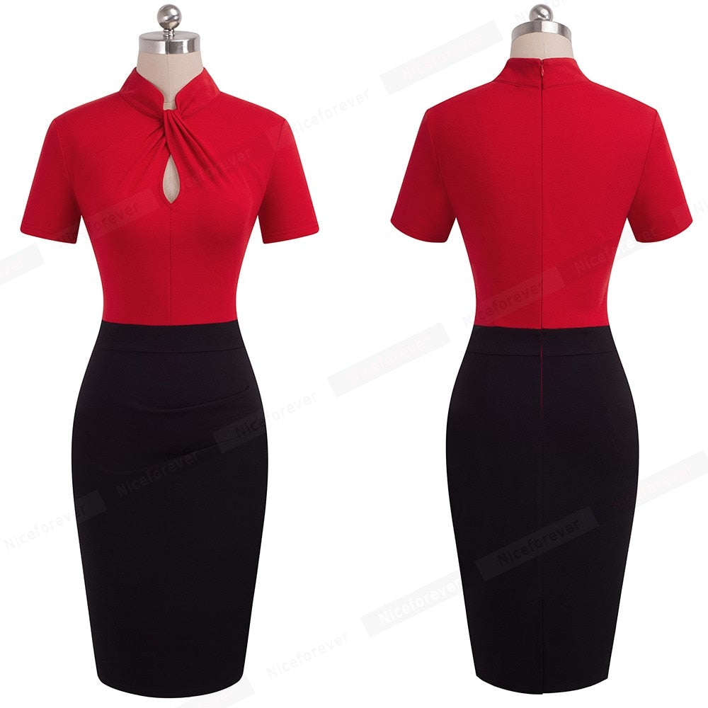 Vintage Contrast Color Patchwork Wear to Work Knot vestidos Bodycon Office Business Sheath Women Dress