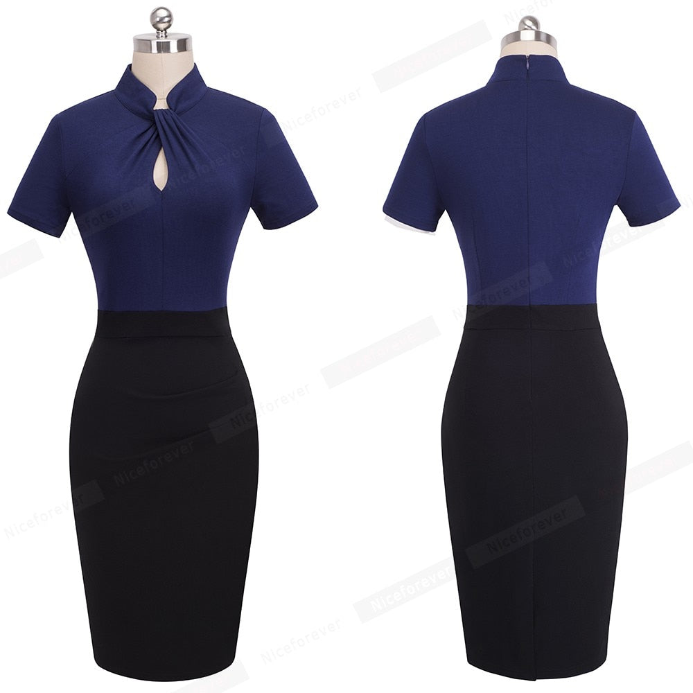 Vintage Contrast Color Patchwork Wear to Work Knot vestidos Bodycon Office Business Sheath Women Dress