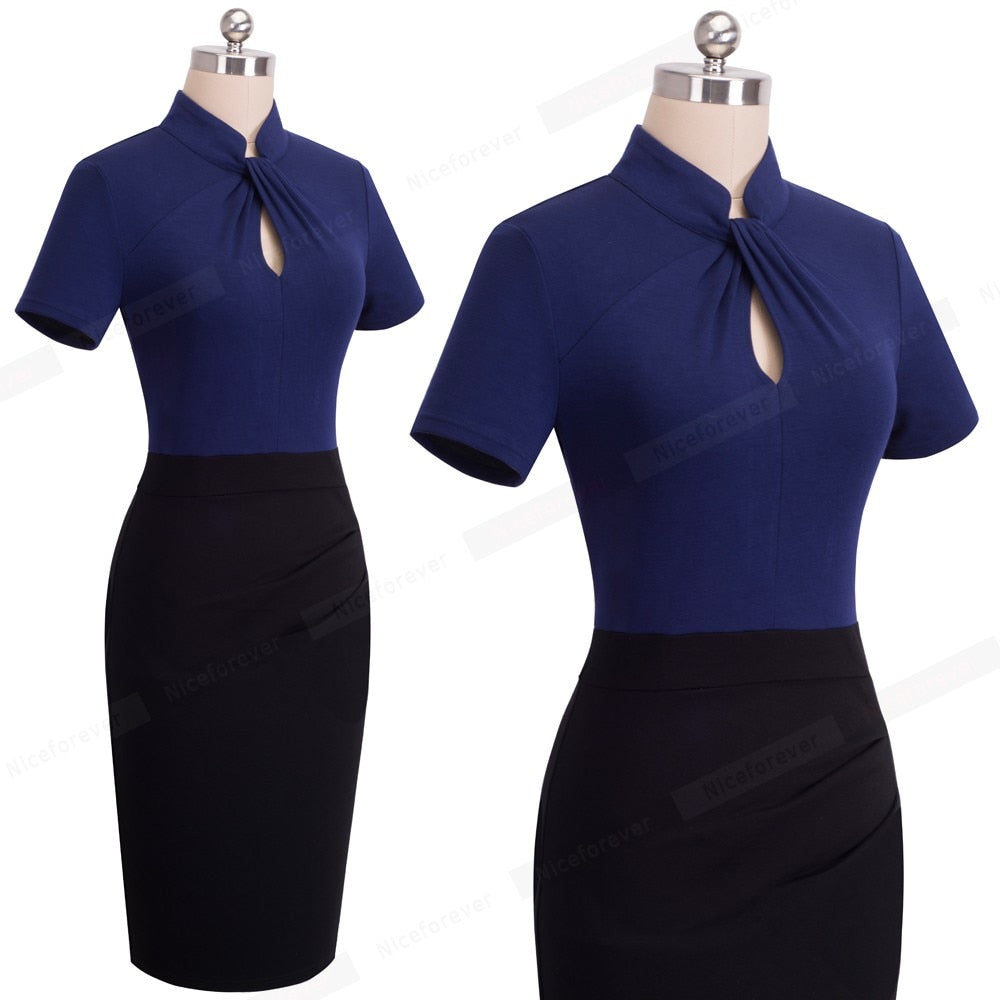 Vintage Contrast Color Patchwork Wear to Work Knot vestidos Bodycon Office Business Sheath Women Dress