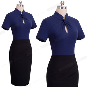 Vintage Contrast Color Patchwork Wear to Work Knot vestidos Bodycon Office Business Sheath Women Dress