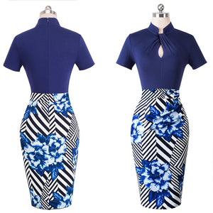 Vintage Contrast Color Patchwork Wear to Work Knot vestidos Bodycon Office Business Sheath Women Dress