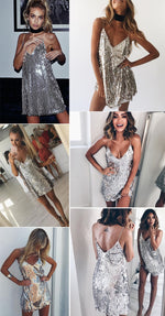 Load image into Gallery viewer, Deep V Neck Autumn Silver Sequined Backless Sexy Dress Women Off Shoulder Mini Dress Christmas Party Club Strap Dresses Vestidos

