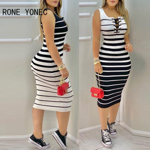 HGM Women Striped Print Colorblock Eyelet Lace Up Bodycon Dress Casual Dress Vacation Dress