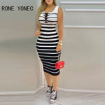 Load image into Gallery viewer, HGM Women Striped Print Colorblock Eyelet Lace Up Bodycon Dress Casual Dress Vacation Dress
