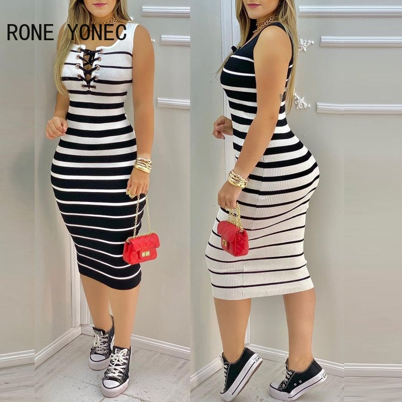 HGM Women Striped Print Colorblock Eyelet Lace Up Bodycon Dress Casual Dress Vacation Dress