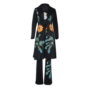 Women Long Trench Coat Women Sets Women's New Fashion Temperament Print Flower Windbreaker Wide Leg Pants Suit