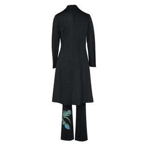 Women Long Trench Coat Sets Autumn Winter New Fashion Temperament Print Flower Windbreaker Wide Leg Pants Suit