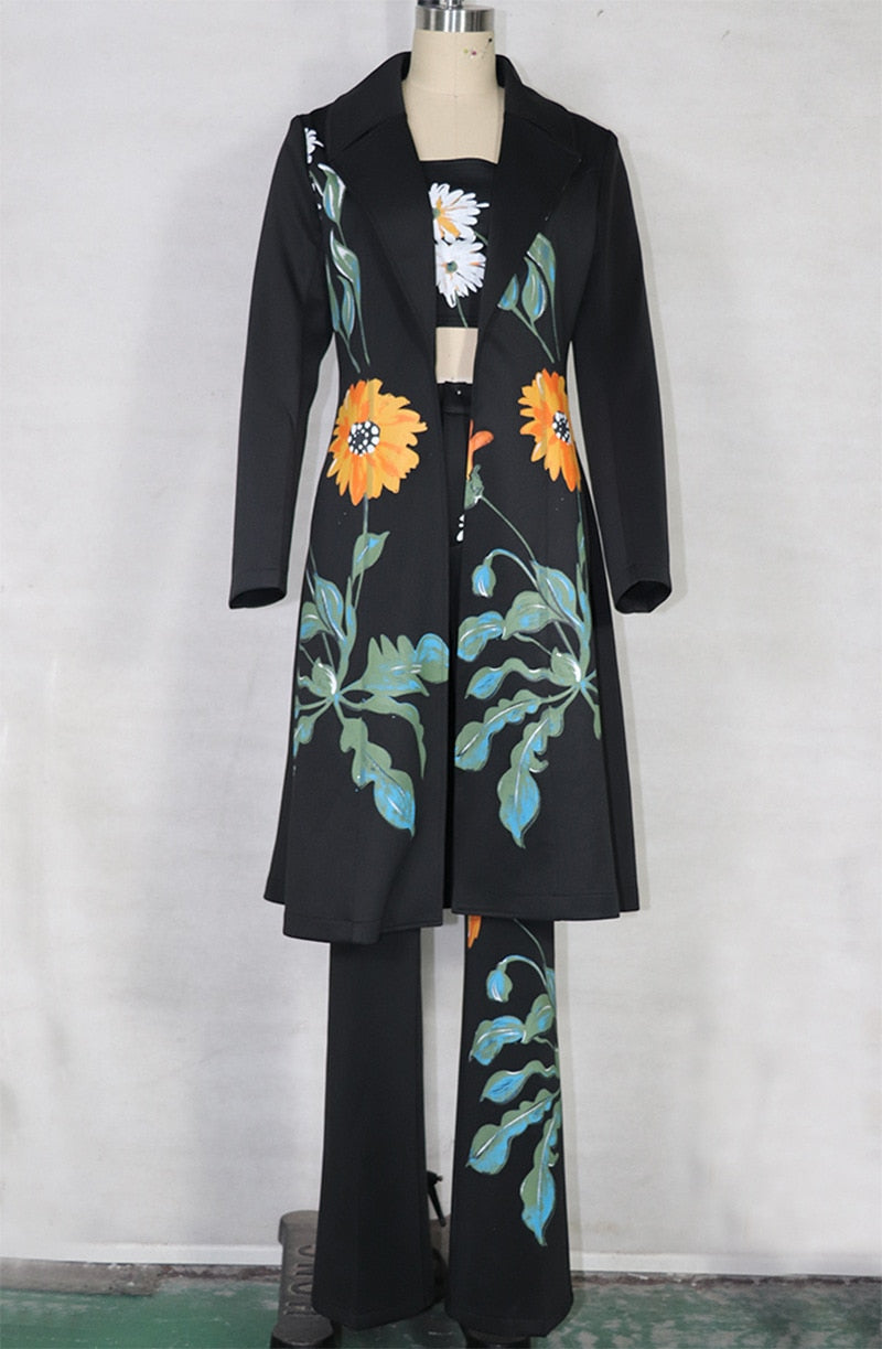Women Long Trench Coat Women Sets Women's New Fashion Temperament Print Flower Windbreaker Wide Leg Pants Suit
