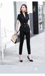 Cargar imagen en el visor de la galería, Fashion Women Pants Suit With Belt Short Sleeve Blazer and Trousers Office Ladies Business Work Wear
