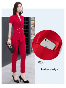 Fashion Women Pants Suit With Belt Short Sleeve Blazer and Trousers Office Ladies Business Work Wear