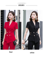 Load image into Gallery viewer, Fashion Women Pants Suit With Belt Short Sleeve Blazer and Trousers Office Ladies Business Work Wear
