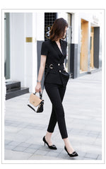 Cargar imagen en el visor de la galería, Fashion Women Pants Suit With Belt Short Sleeve Blazer and Trousers Office Ladies Business Work Wear
