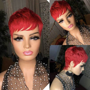 Red Color Human Hair Short Cut Bob Wigs with Bangs Brazilian Straight No Lace Wig with Bangs Full Machine Wig