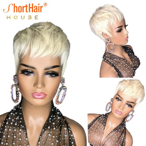 Pixie Short Cut Bob Wig With Natural Bangs Wave Wavy Human Hair Wig Brazilian Straight Wig For Women No Lace Front Wigs