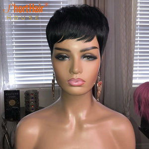 Pixie Short Cut Bob Wig With Natural Bangs Wave Wavy Human Hair Wig Brazilian Straight Wig For Women No Lace Front Wigs