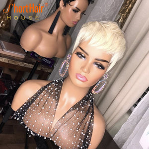 Pixie Short Cut Bob Wig With Natural Bangs Wave Wavy Human Hair Wig Brazilian Straight Wig For Women No Lace Front Wigs