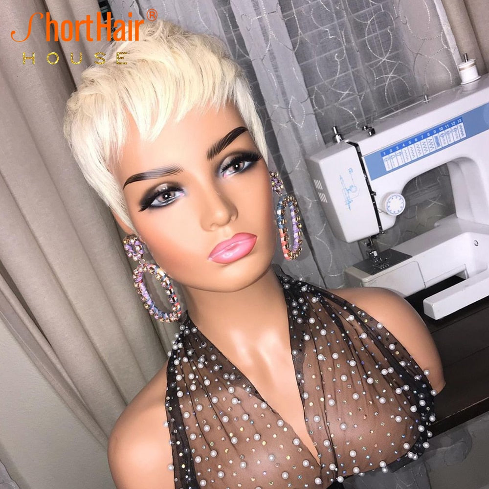 Pixie Short Cut Bob Wig With Natural Bangs Wave Wavy Human Hair Wig Brazilian Straight Wig For Women No Lace Front Wigs