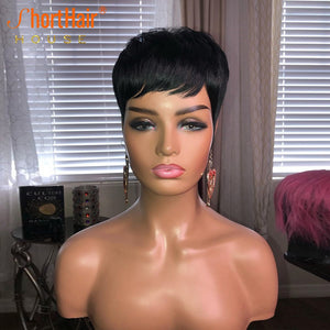 Pixie Short Cut Bob Wig With Natural Bangs Wave Wavy Human Hair Wig Brazilian Straight Wig For Women No Lace Front Wigs