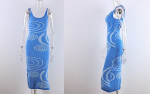 HGM Print Knit Bodycon Dress Women Hollow Out Sexy Sleeveless Spaghetti Strap Beach Midi Dresses
