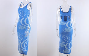 HGM Print Knit Bodycon Dress Women Hollow Out Sexy Sleeveless Spaghetti Strap Beach Midi Dresses