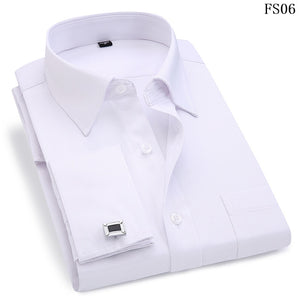 Men's Dress Shirts French Cuff Blue White Long Sleeved Business Casual Shirt Slim Fit Solid Color French Cufflinks Shirts