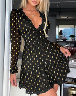 Load image into Gallery viewer, Polka Dot Print Lace Trim Ruched Dress Women Sexy Plunge Long Sleeve Flared Mini Dress
