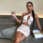 Load image into Gallery viewer, HGM Halter Neck Dress Bodycon Women Hollow Out Beach Party Sleevelss Backless Mini Sexy Dresses
