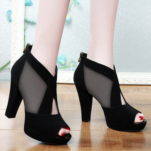 Women High Heel Shoes Mesh Breathable Pomps Zip Pointed Toe Thick Heels Fashion Female Dress Shoes Elegant Footwear