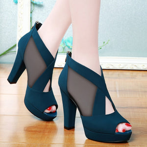 Women High Heel Shoes Mesh Breathable Pomps Zip Pointed Toe Thick Heels Fashion Female Dress Shoes Elegant Footwear