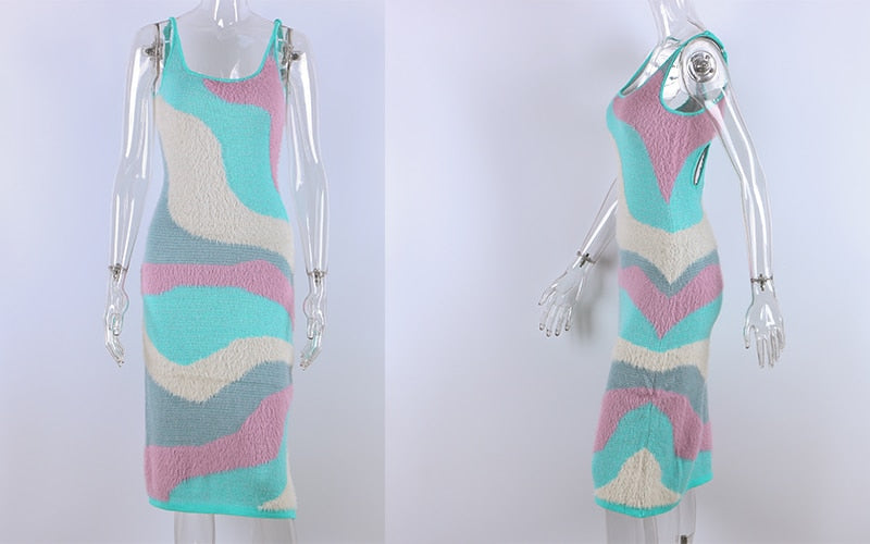 HGM Print Knit Bodycon Dress Women Hollow Out Sexy Sleeveless Spaghetti Strap Beach Midi Dresses